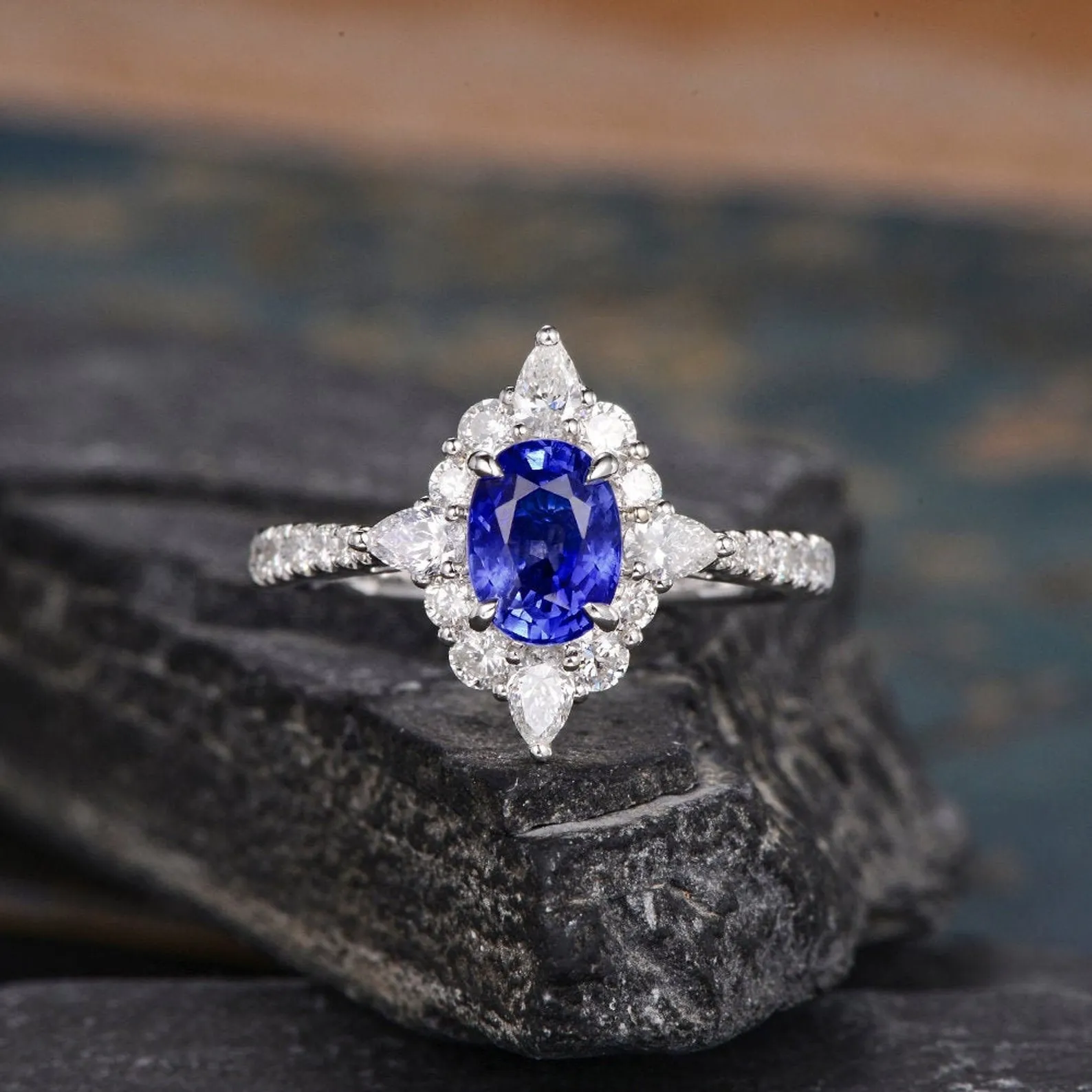 Blue Sapphire & Moissanite, Vintage Inspired Design