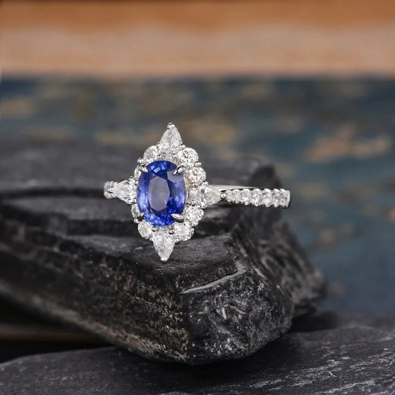Blue Sapphire & Moissanite, Vintage Inspired Design