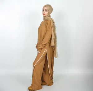 Border Slit Knit Set - Camel