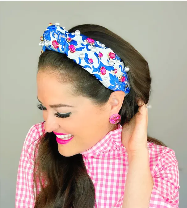 Brianna Cannon Blue and White Brocade Headband with Pink Crystals and Pearls