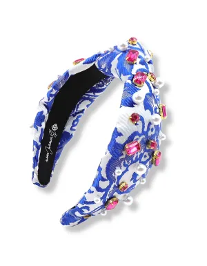 Brianna Cannon Blue and White Brocade Headband with Pink Crystals and Pearls