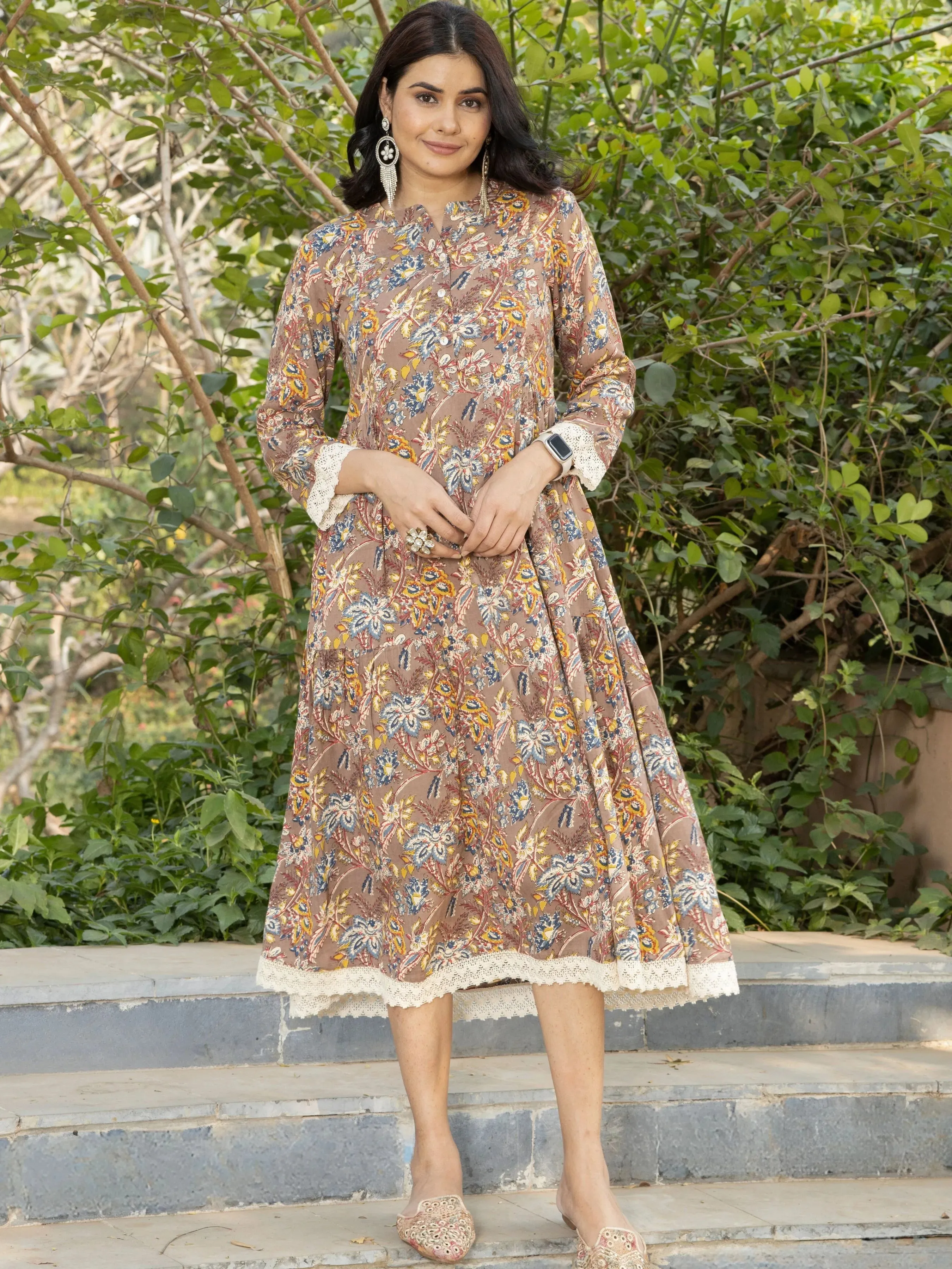 Brown Tropical Print Rayon Dress with Lace Inserts
