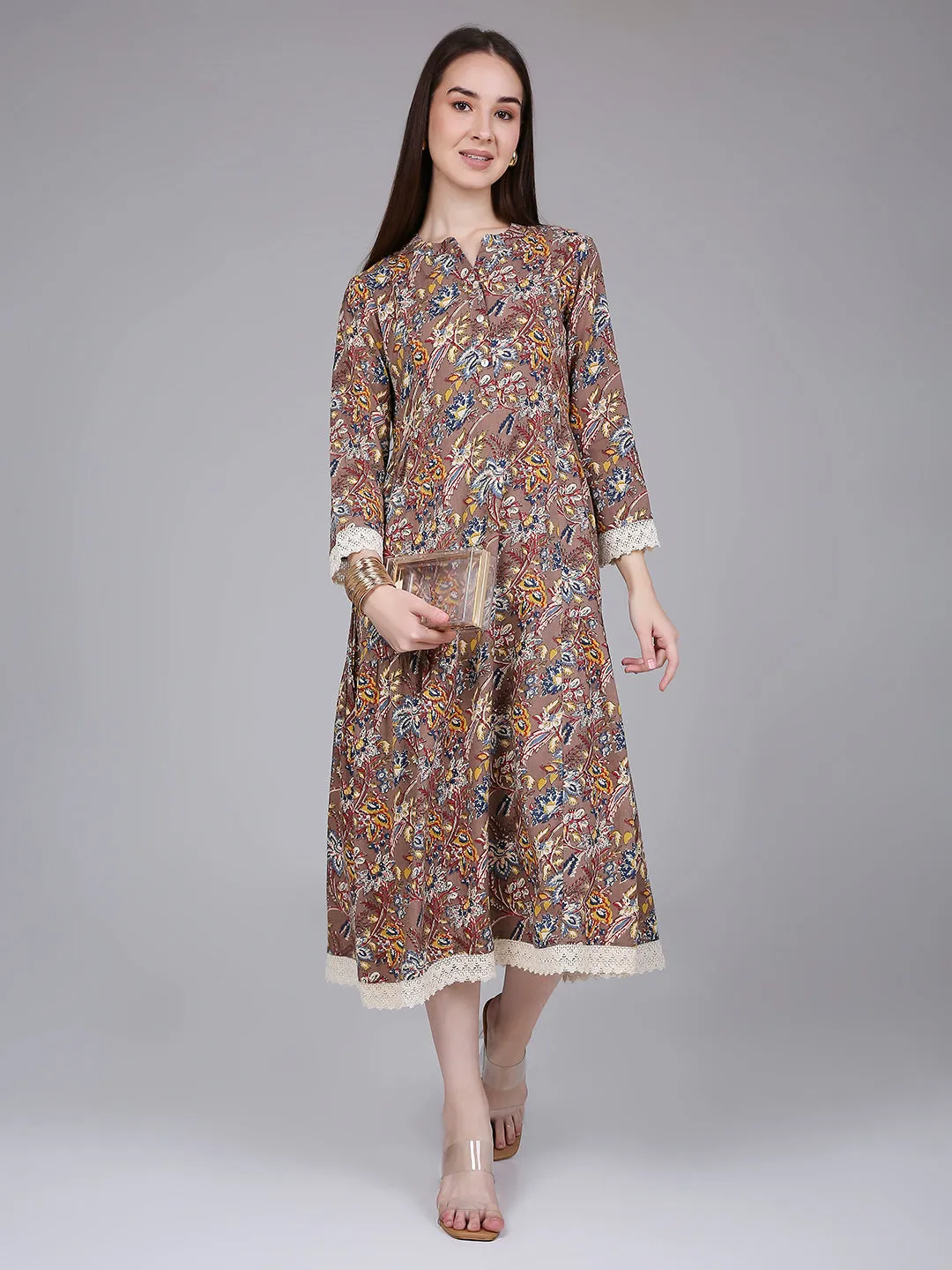 Brown Tropical Print Rayon Dress with Lace Inserts