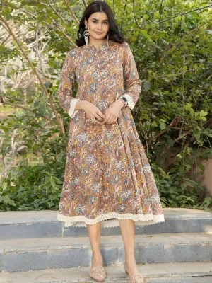 Brown Tropical Print Rayon Dress with Lace Inserts