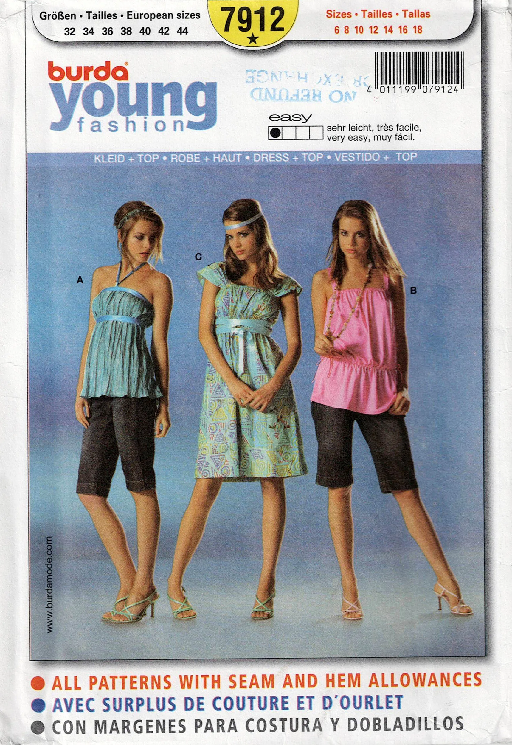 Burda Young 7912 Womens Gathered Summer Top Bustier & Dress Out Of Print Sewing Pattern Sizes 6 - 18 UNCUT Factory Folded