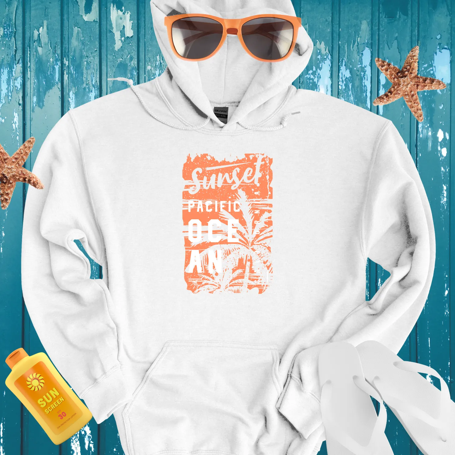 California Sunset Pacific Ocean Hoodie With Palm Design