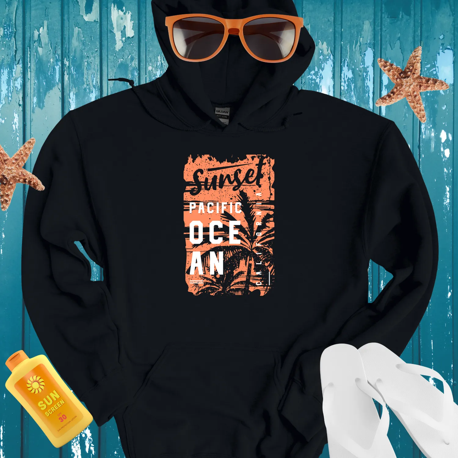 California Sunset Pacific Ocean Hoodie With Palm Design