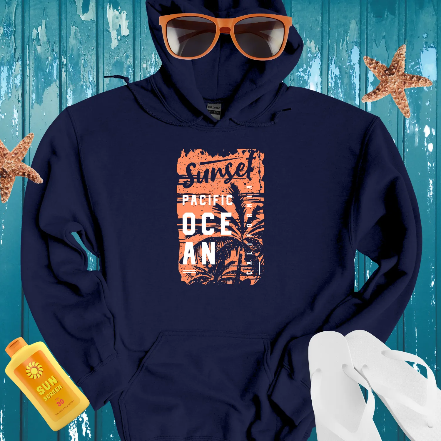 California Sunset Pacific Ocean Hoodie With Palm Design