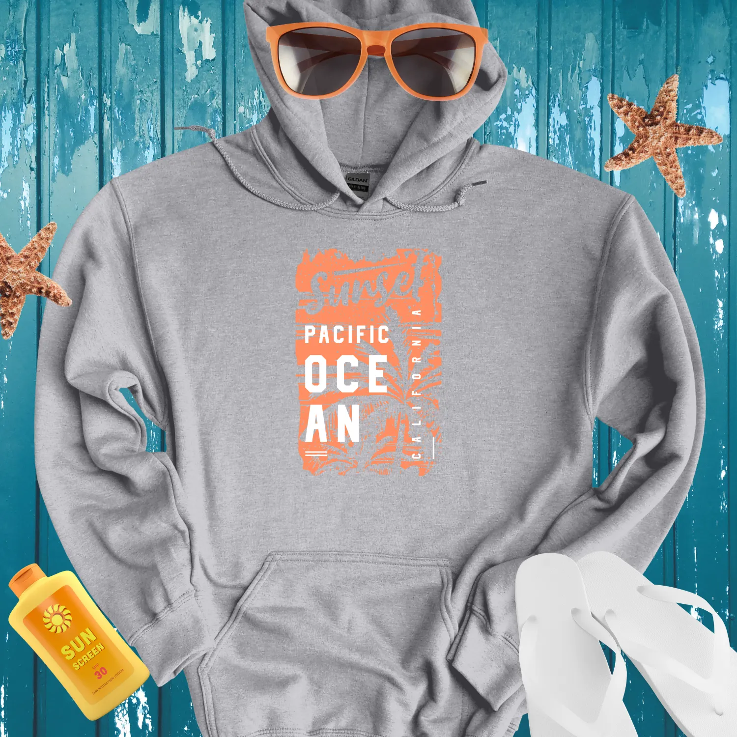 California Sunset Pacific Ocean Hoodie With Palm Design