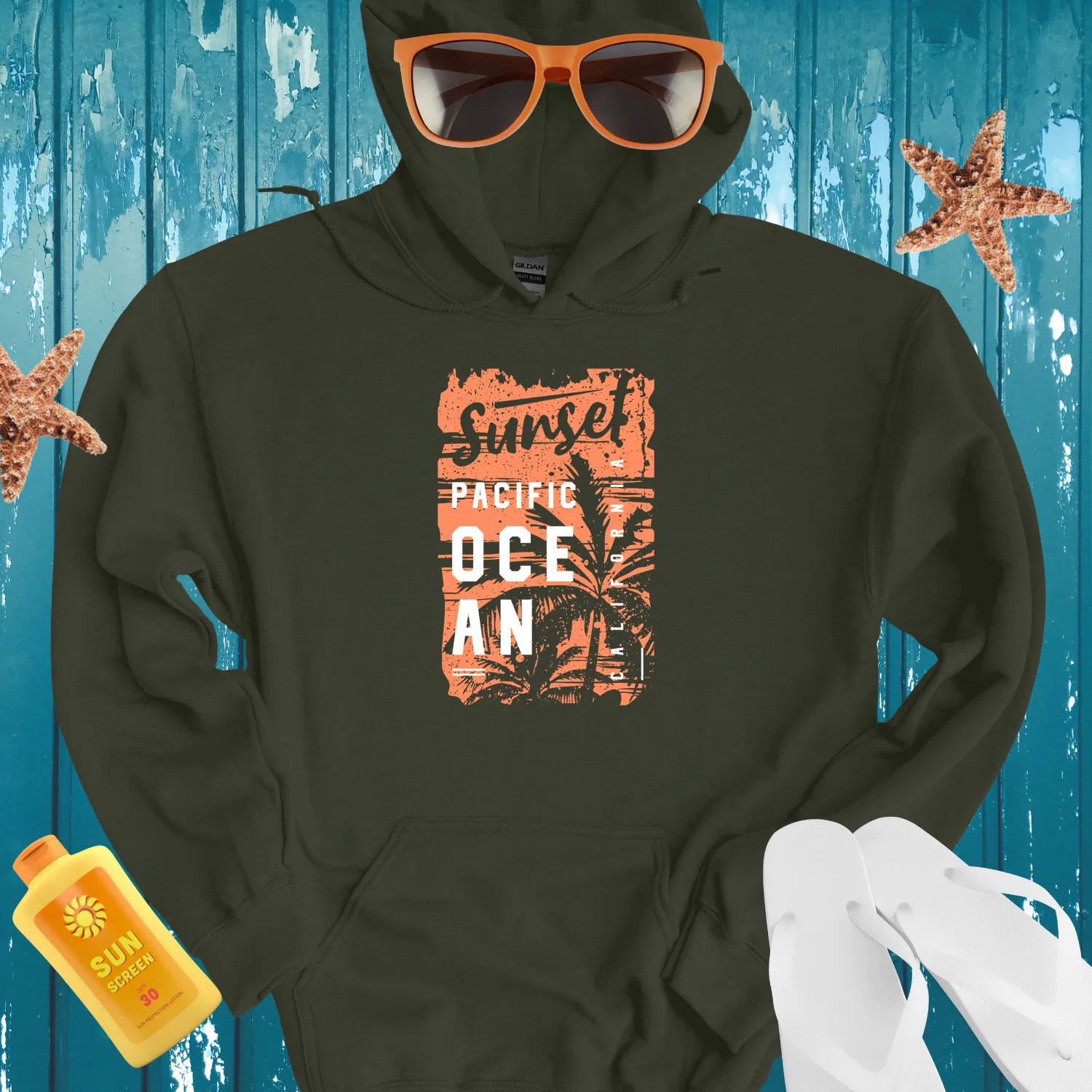 California Sunset Pacific Ocean Hoodie With Palm Design