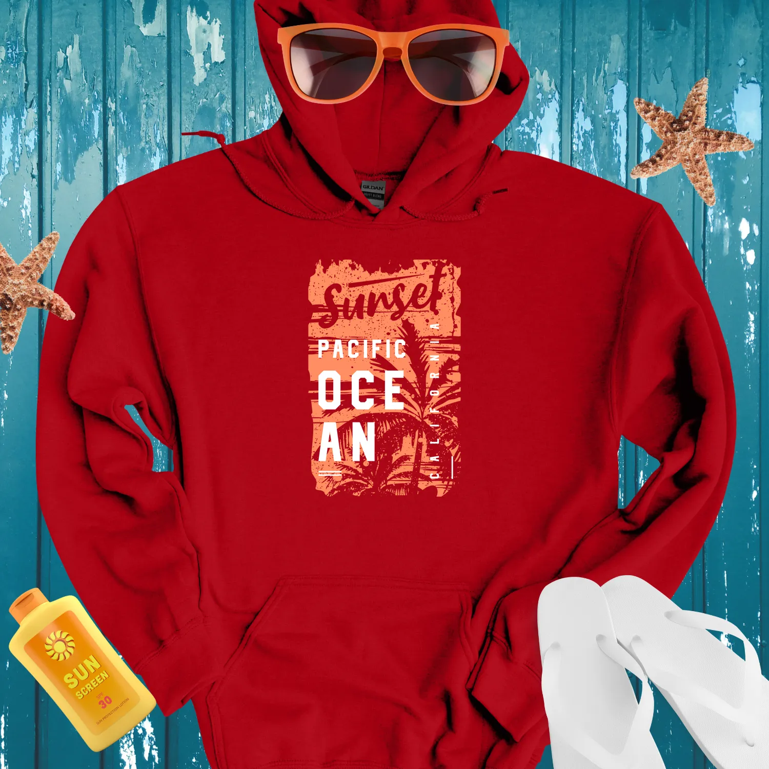 California Sunset Pacific Ocean Hoodie With Palm Design