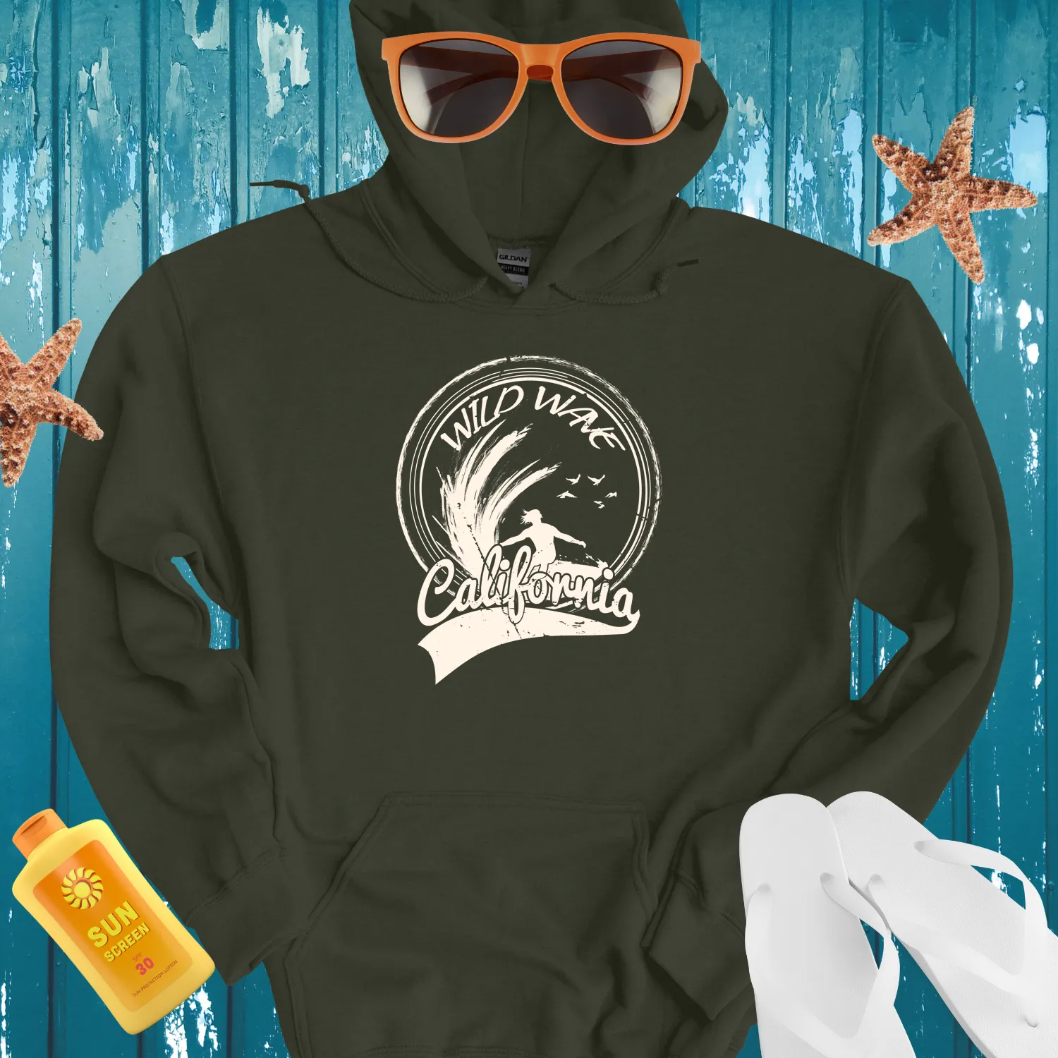 California Surf Vintage Design Wild Wave Hoodie Black