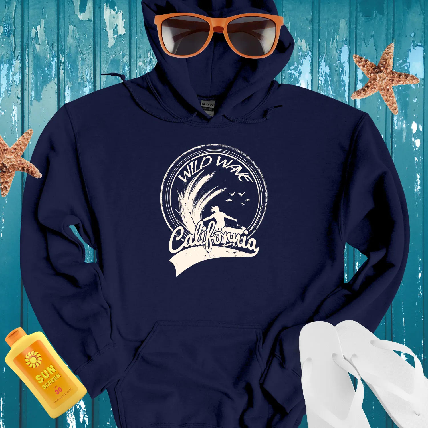 California Surf Vintage Design Wild Wave Hoodie Black