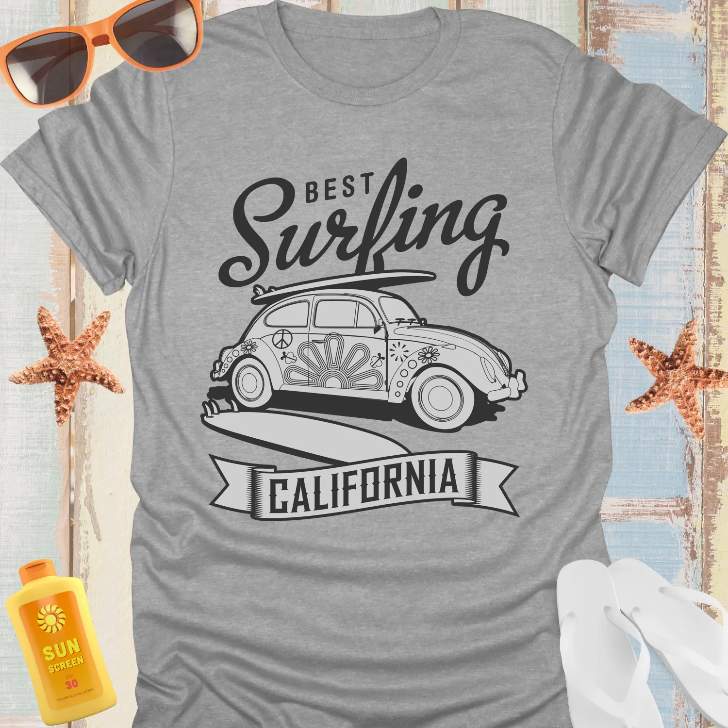 California Surfing T-Shirt With Classic Car Design