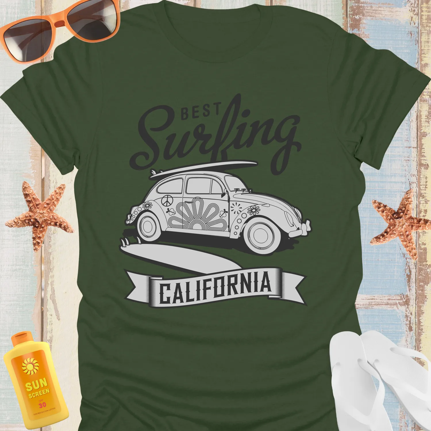 California Surfing T-Shirt With Classic Car Design