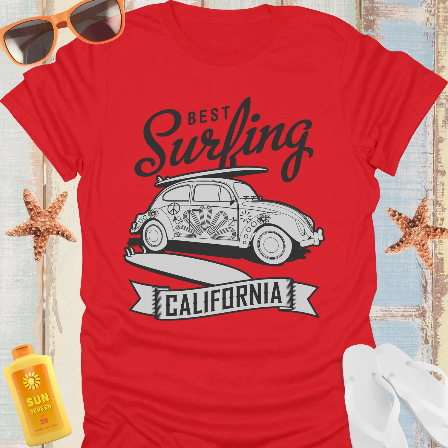 California Surfing T-Shirt With Classic Car Design