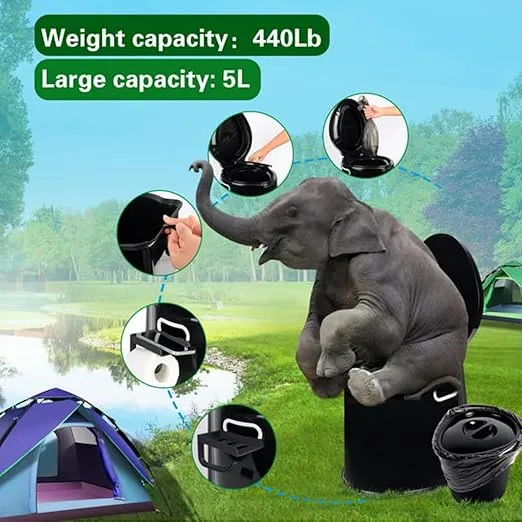 Camping Toilet, Portable Toilet for Adults & Kids, 5.3 Gallon Camping Toilet with Detachable Inner Bucket and Removable Toilet Paper Holder (Black)