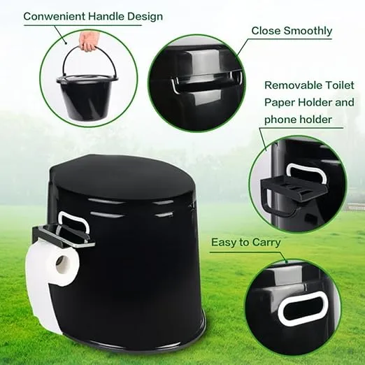 Camping Toilet, Portable Toilet for Adults & Kids, 5.3 Gallon Camping Toilet with Detachable Inner Bucket and Removable Toilet Paper Holder (Black)