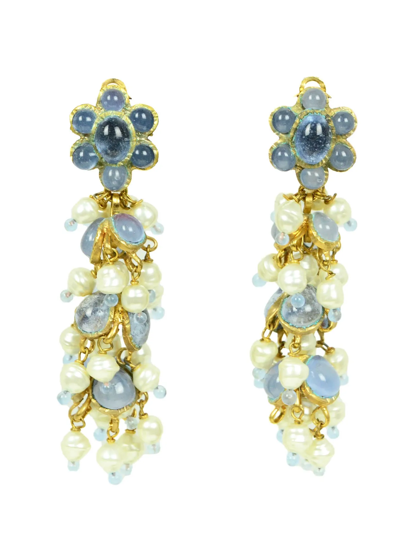 Chanel '90s Vintage Blue Gripoix & Faux Pearl Statement Earrings