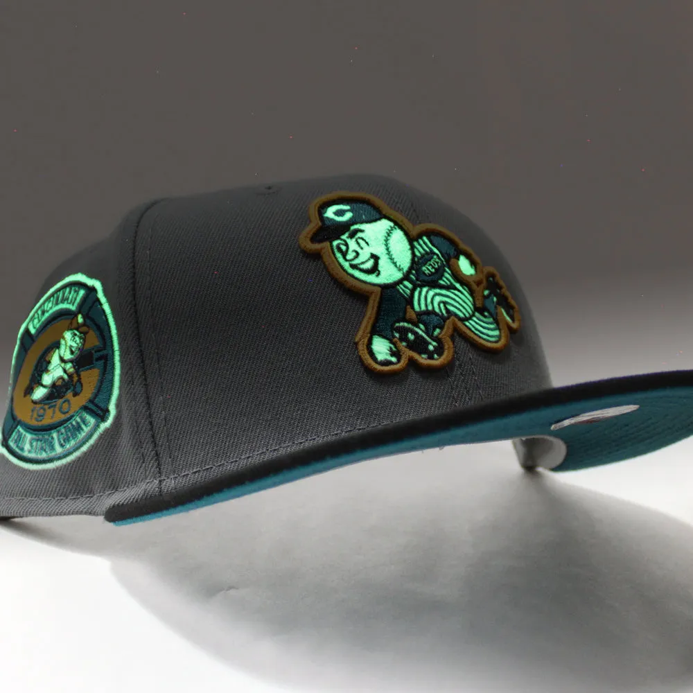 Cincinnati Reds 1970 AllStar Game Retro New Era 59Fifty Fitted Hat (GITD Gray Black Teal Under Brim)