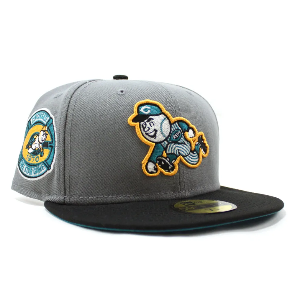 Cincinnati Reds 1970 AllStar Game Retro New Era 59Fifty Fitted Hat (GITD Gray Black Teal Under Brim)