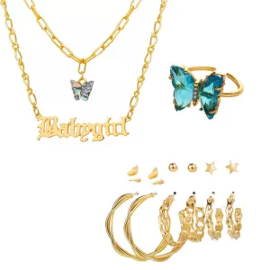 Combo Of Blue Crystal Butterfly Pendant, Earrings With Ring