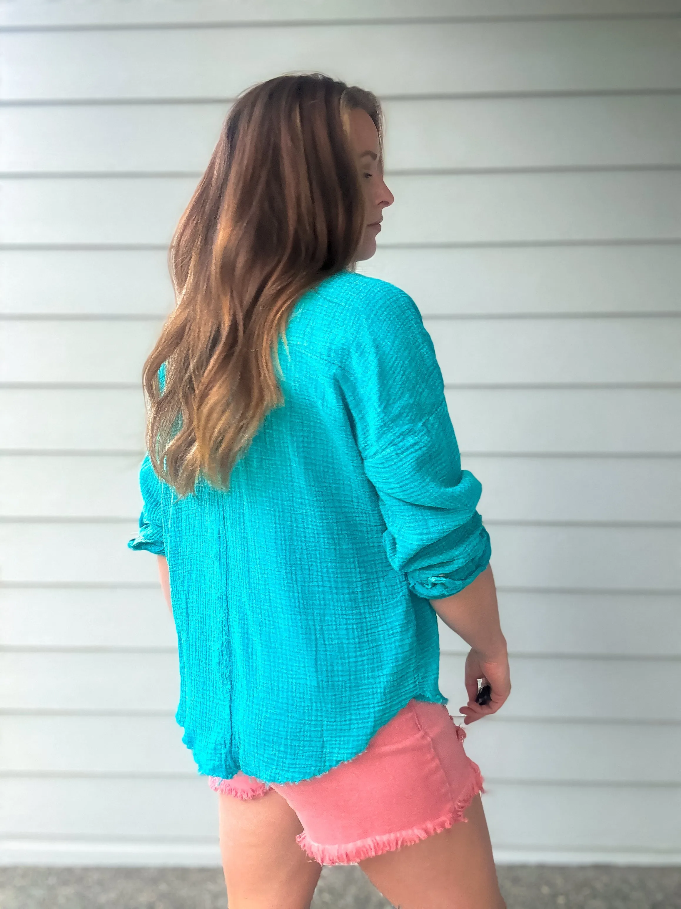 Cotton Gauze Button Down in Teal
