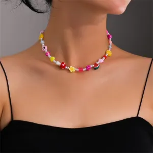 Crystal & Pearl Multicolor Polymer Clay Flower Fruit Station Necklace