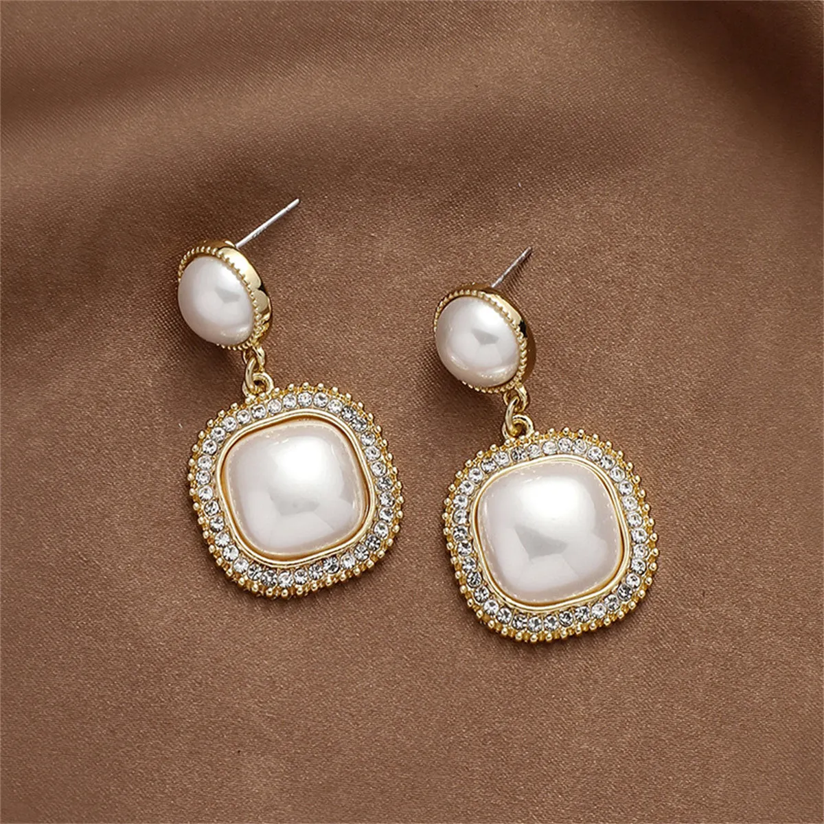 Cubic Zirconia & Pearl 18K Gold-Plated Halo Square Drop Earrings