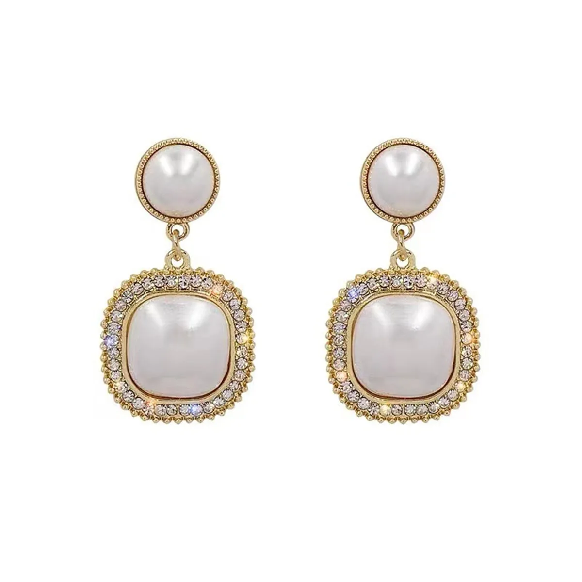 Cubic Zirconia & Pearl 18K Gold-Plated Halo Square Drop Earrings