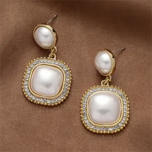 Cubic Zirconia & Pearl 18K Gold-Plated Halo Square Drop Earrings