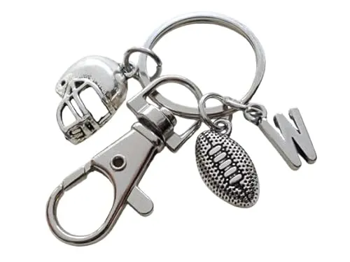 Custom Football Charm Keychain with Small Football Charm, Helmet Charm, Letter Charm & Swivel Clasp; Football Team Player Keychain