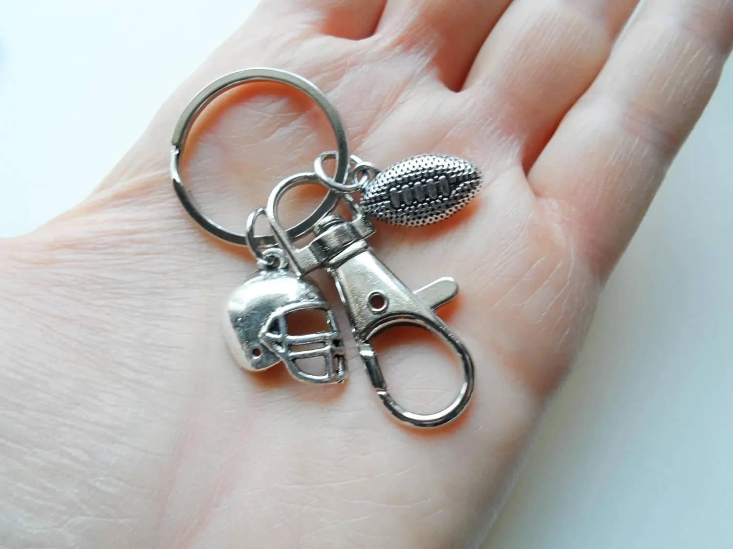 Custom Football Charm Keychain with Small Football Charm, Helmet Charm, Letter Charm & Swivel Clasp; Football Team Player Keychain