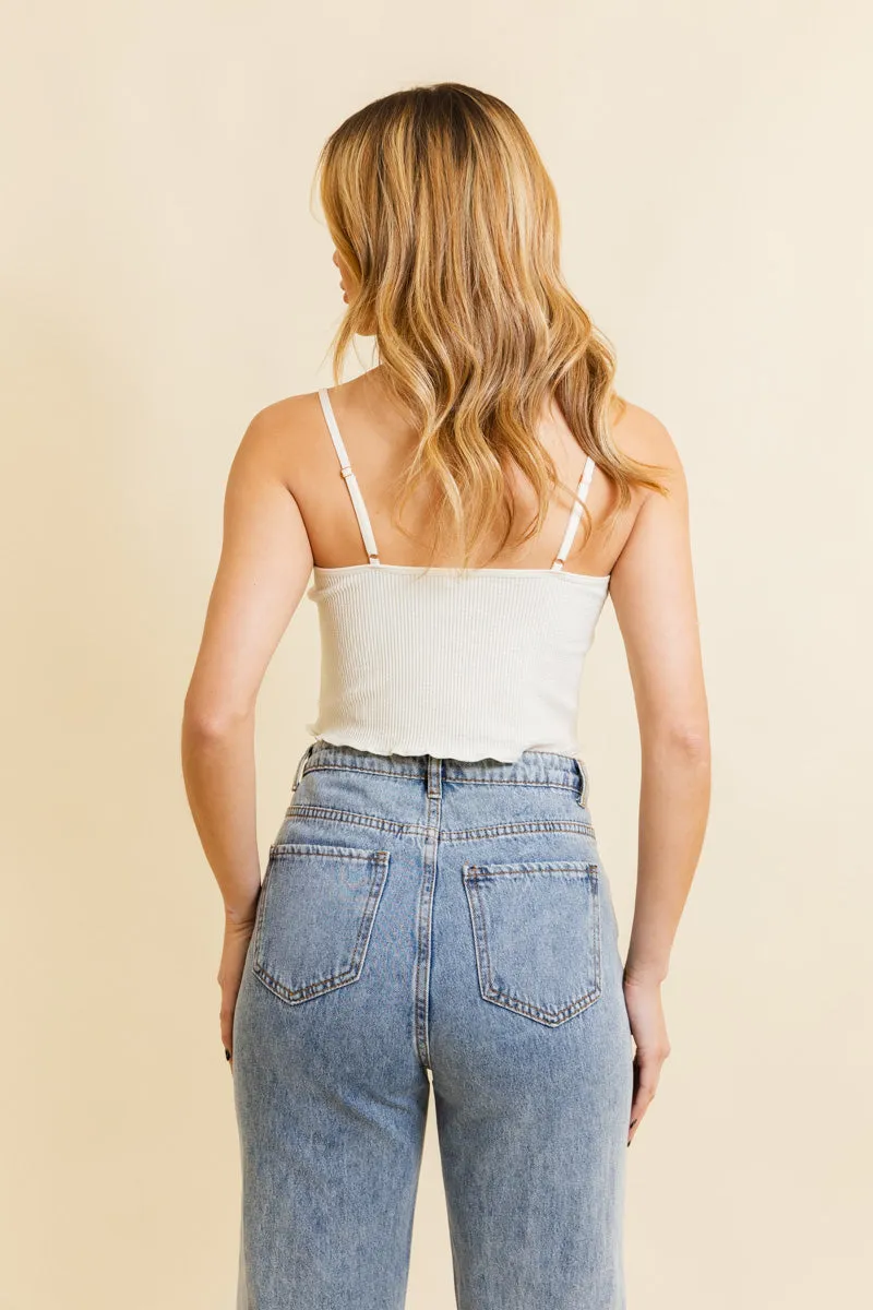 Daisy Embroidered Ribbed Lettuce Edge Brami