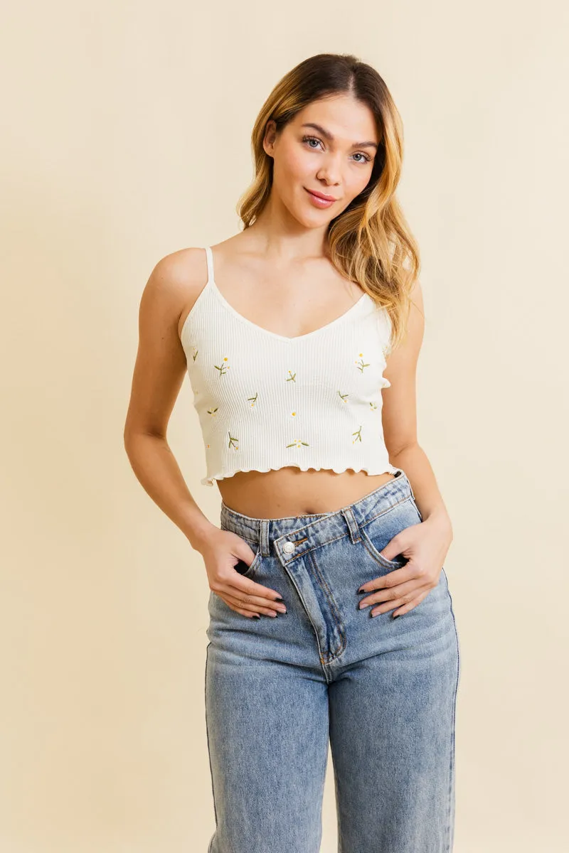 Daisy Embroidered Ribbed Lettuce Edge Brami