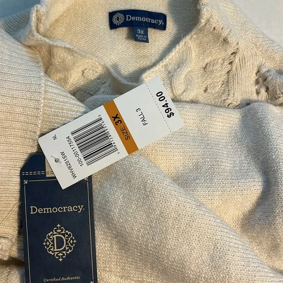 Democracy 3X Sweater Long Roll Sleeve Funnel Neck Popcorn Stitch Front NWT