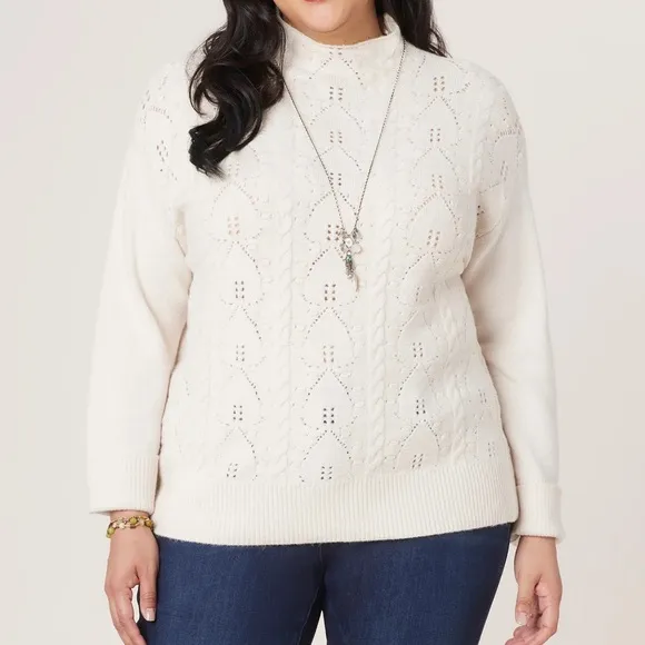Democracy 3X Sweater Long Roll Sleeve Funnel Neck Popcorn Stitch Front NWT