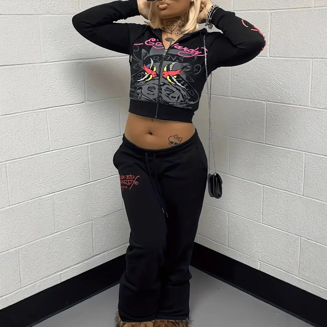Edgy Graphic Zip-Up Hoodie and Jogger Pants Two-Piece Set for Streetwear Chic