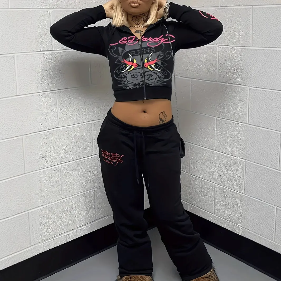 Edgy Graphic Zip-Up Hoodie and Jogger Pants Two-Piece Set for Streetwear Chic