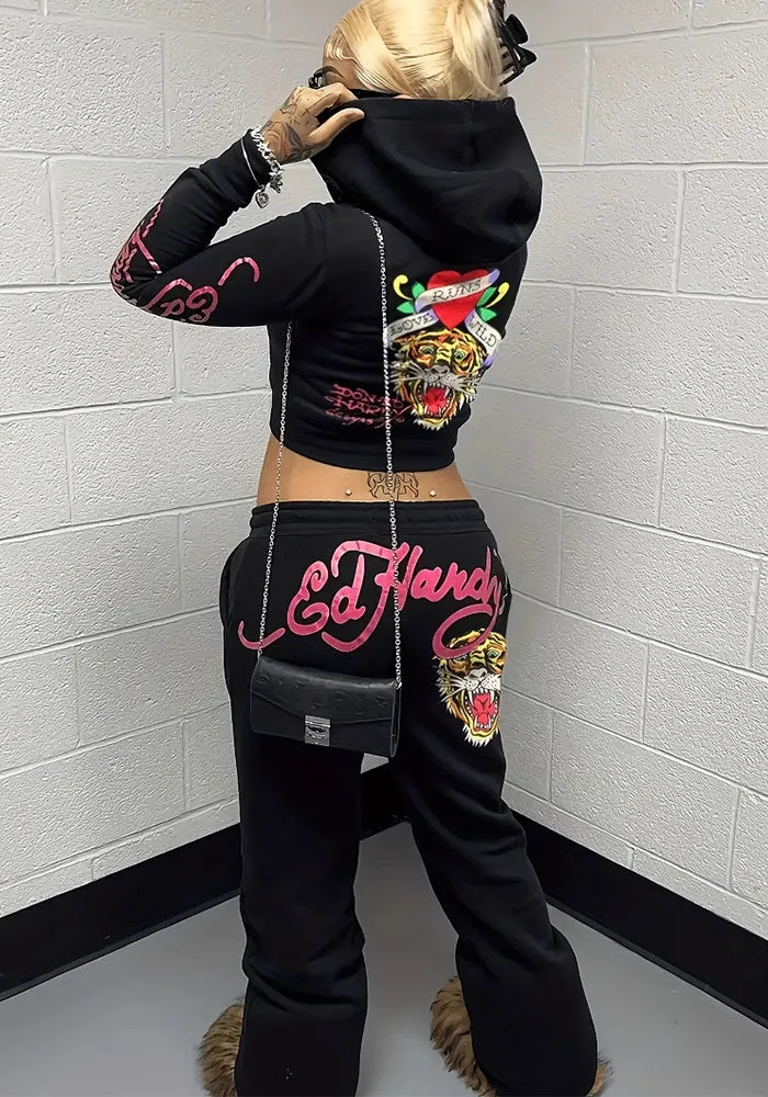 Edgy Graphic Zip-Up Hoodie and Jogger Pants Two-Piece Set for Streetwear Chic