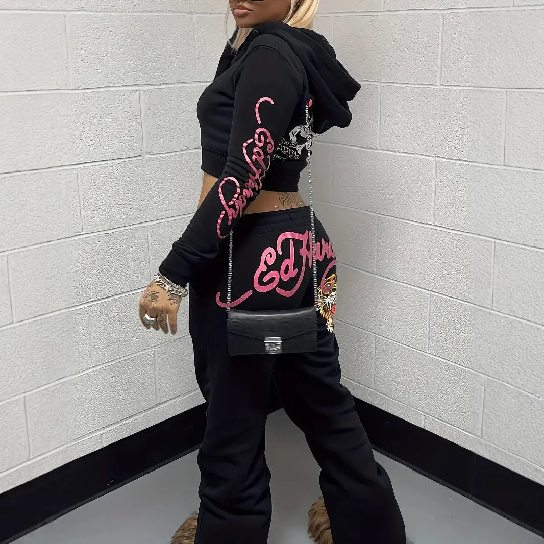 Edgy Graphic Zip-Up Hoodie and Jogger Pants Two-Piece Set for Streetwear Chic