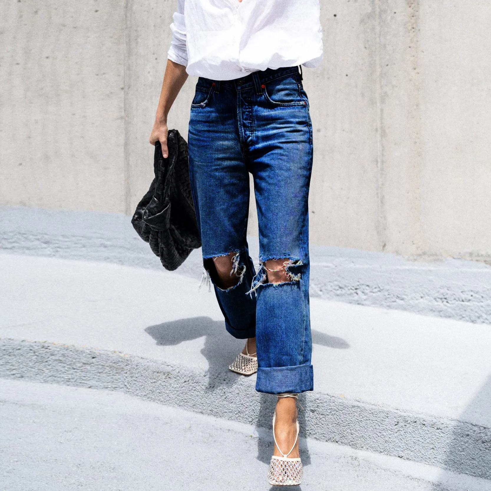 Effortless Edge Ripped Casual High-Waisted Denim Pants