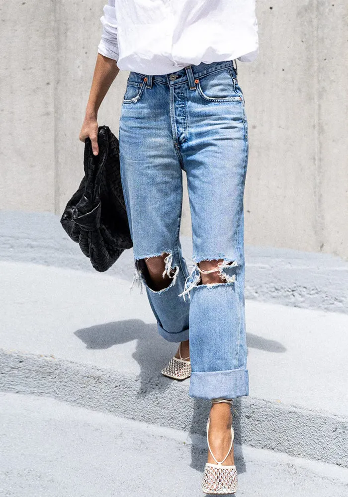 Effortless Edge Ripped Casual High-Waisted Denim Pants