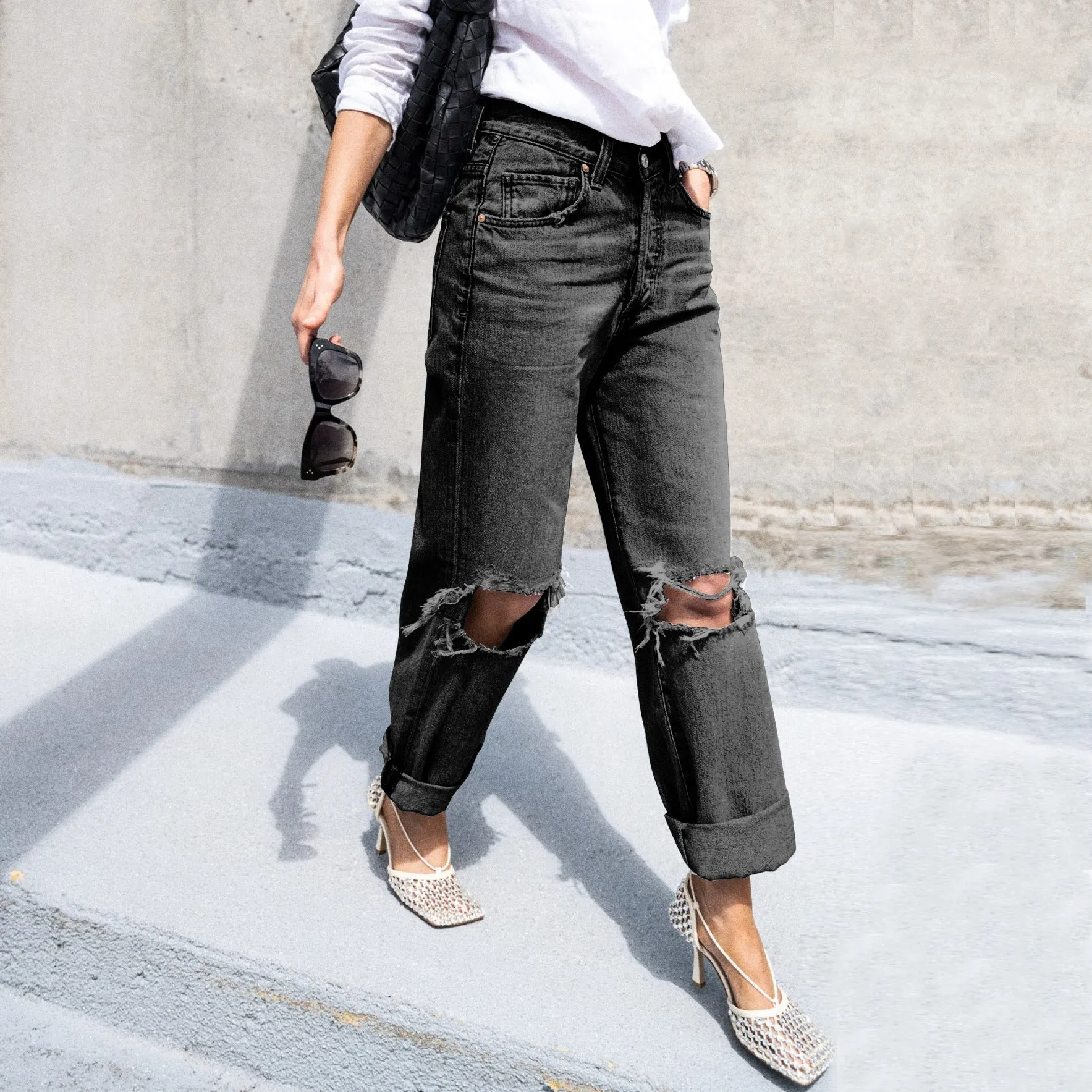 Effortless Edge Ripped Casual High-Waisted Denim Pants