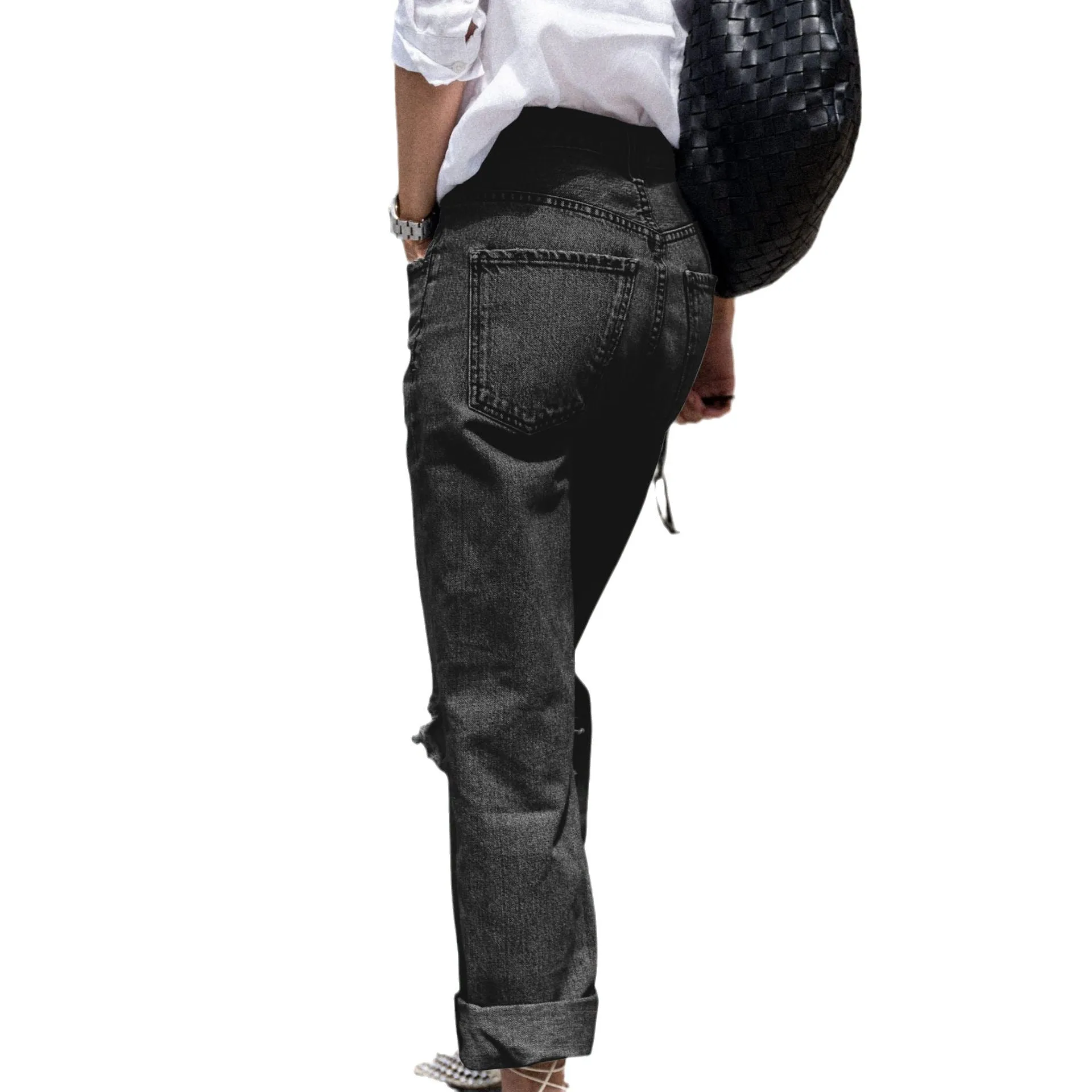 Effortless Edge Ripped Casual High-Waisted Denim Pants
