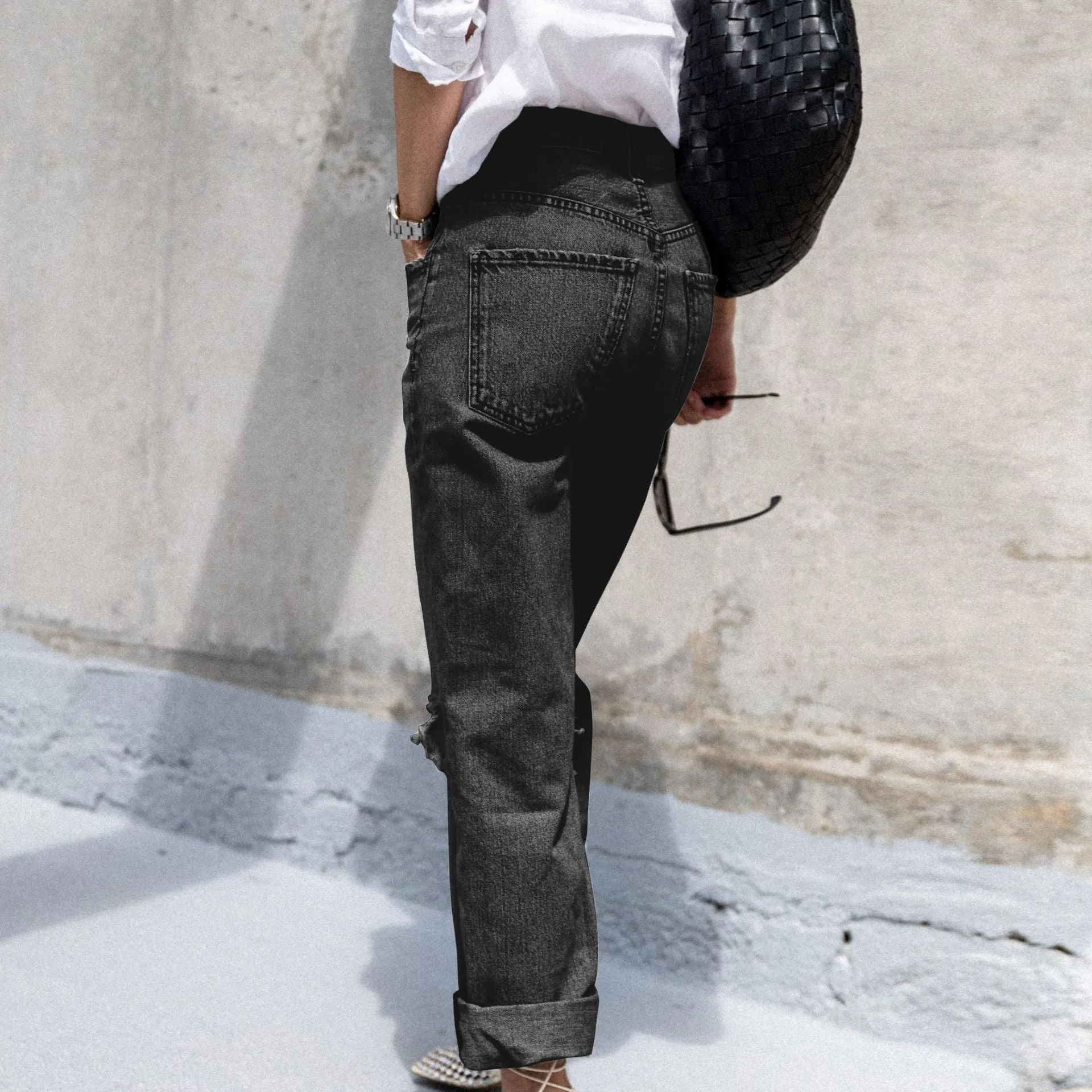 Effortless Edge Ripped Casual High-Waisted Denim Pants
