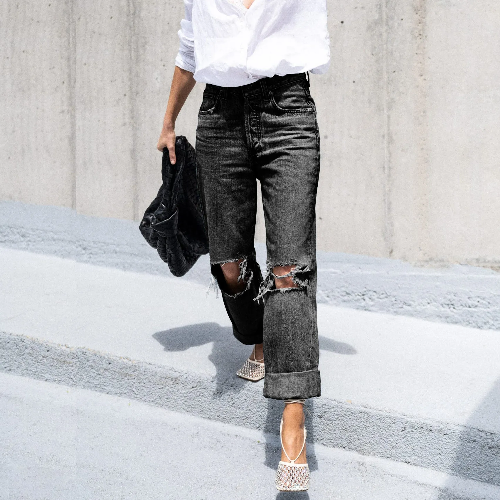 Effortless Edge Ripped Casual High-Waisted Denim Pants