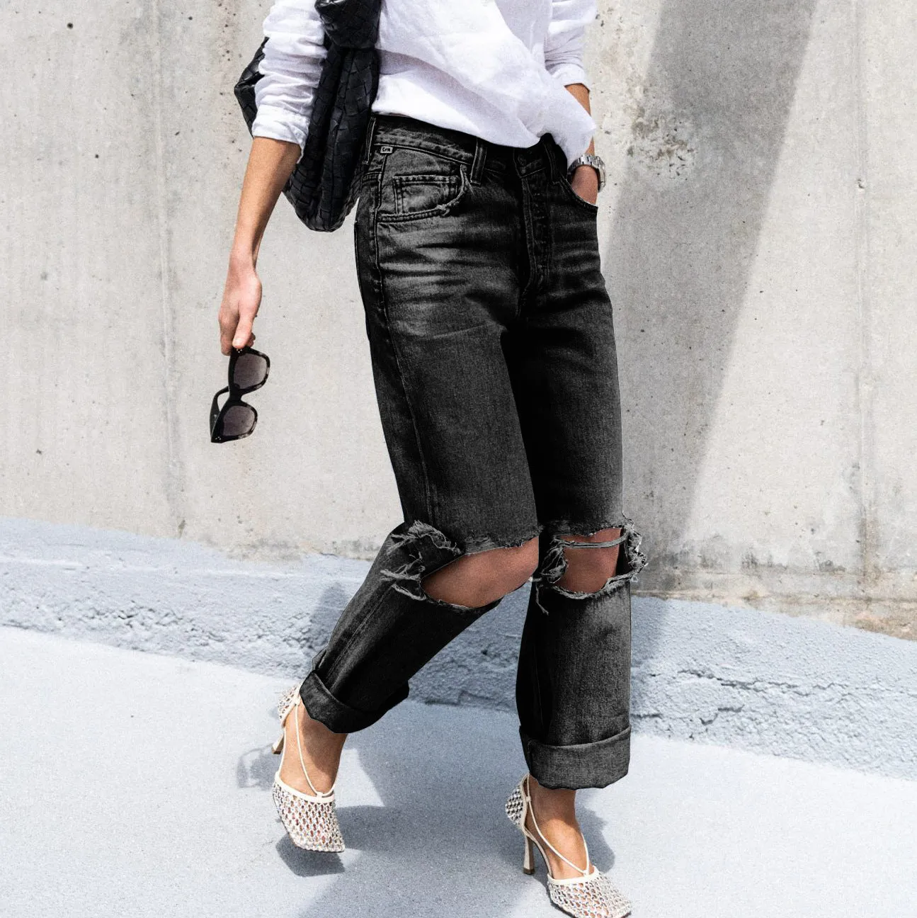 Effortless Edge Ripped Casual High-Waisted Denim Pants
