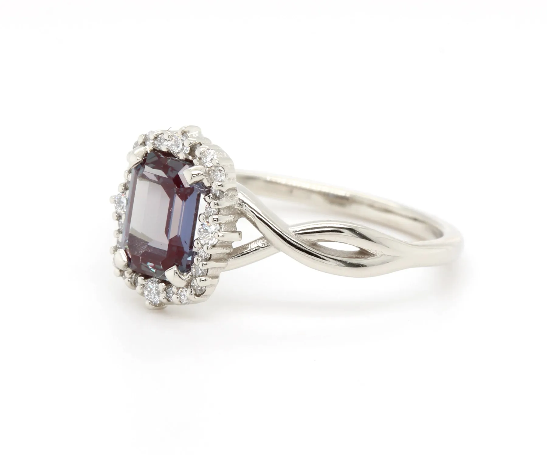 Emerald cut Alexandrite Halo Twist Diamond Engagement Ring
