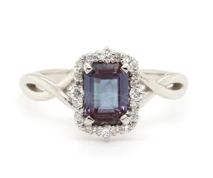 Emerald cut Alexandrite Halo Twist Diamond Engagement Ring